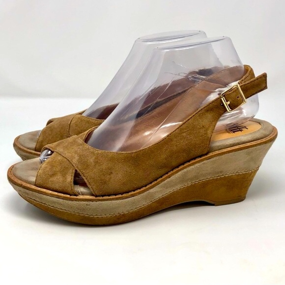 Sofft Tan Brown Leather Wedge Platform 3” Heel Sandals Open Toe Slingback Suede - Picture 2 of 12